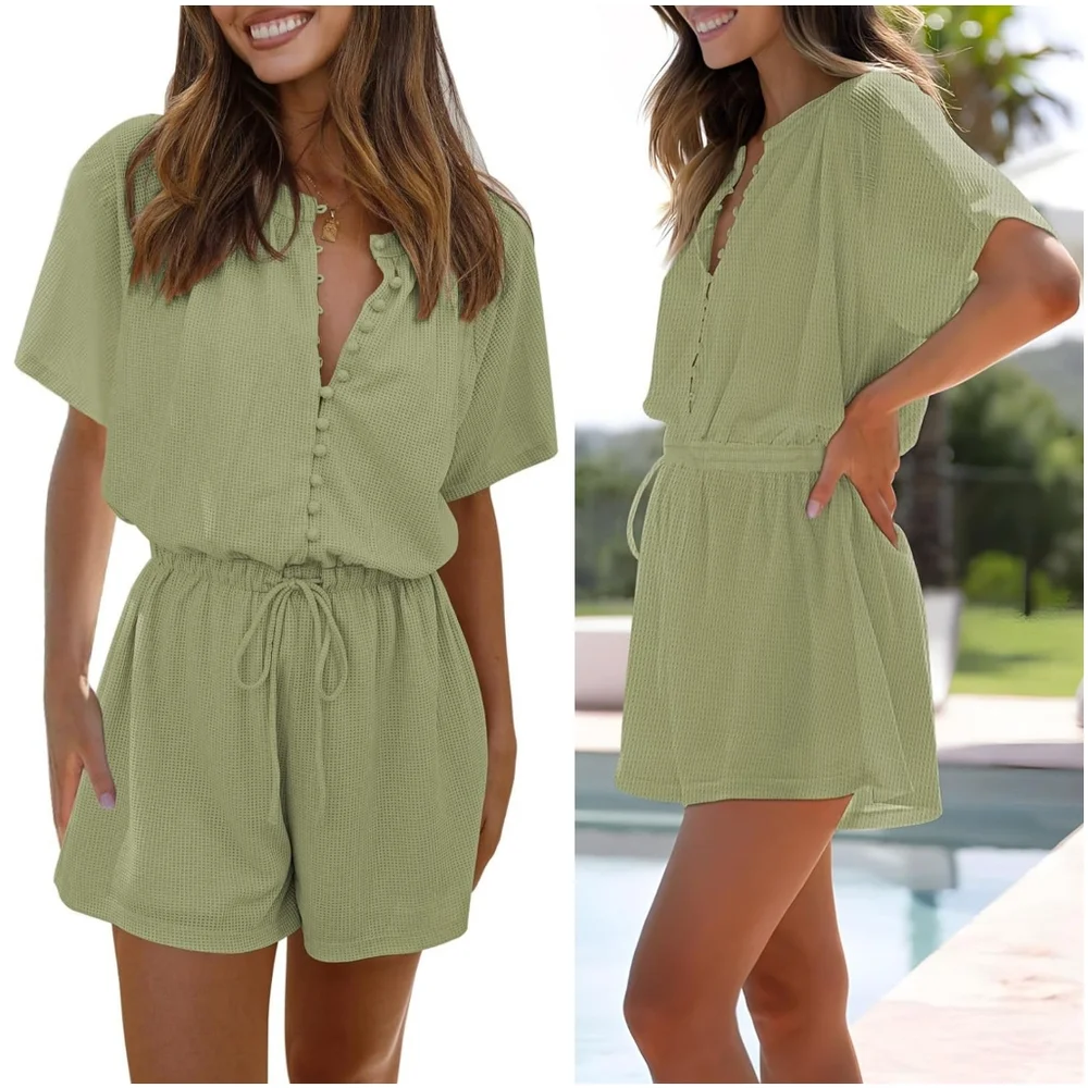 NEW Fixmatti Green Waffle Knit Crew Button Short Sleeve Romper Jumpsuit Beach S - Picture 2 of 15